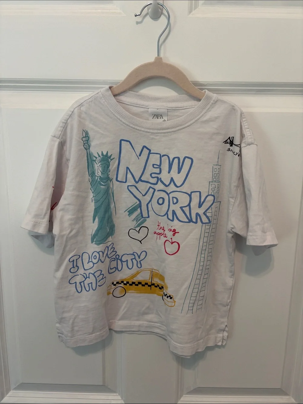 Zara White Short-Sleeve New York Graphic Tee with Blue, Teal & Yellow Accents